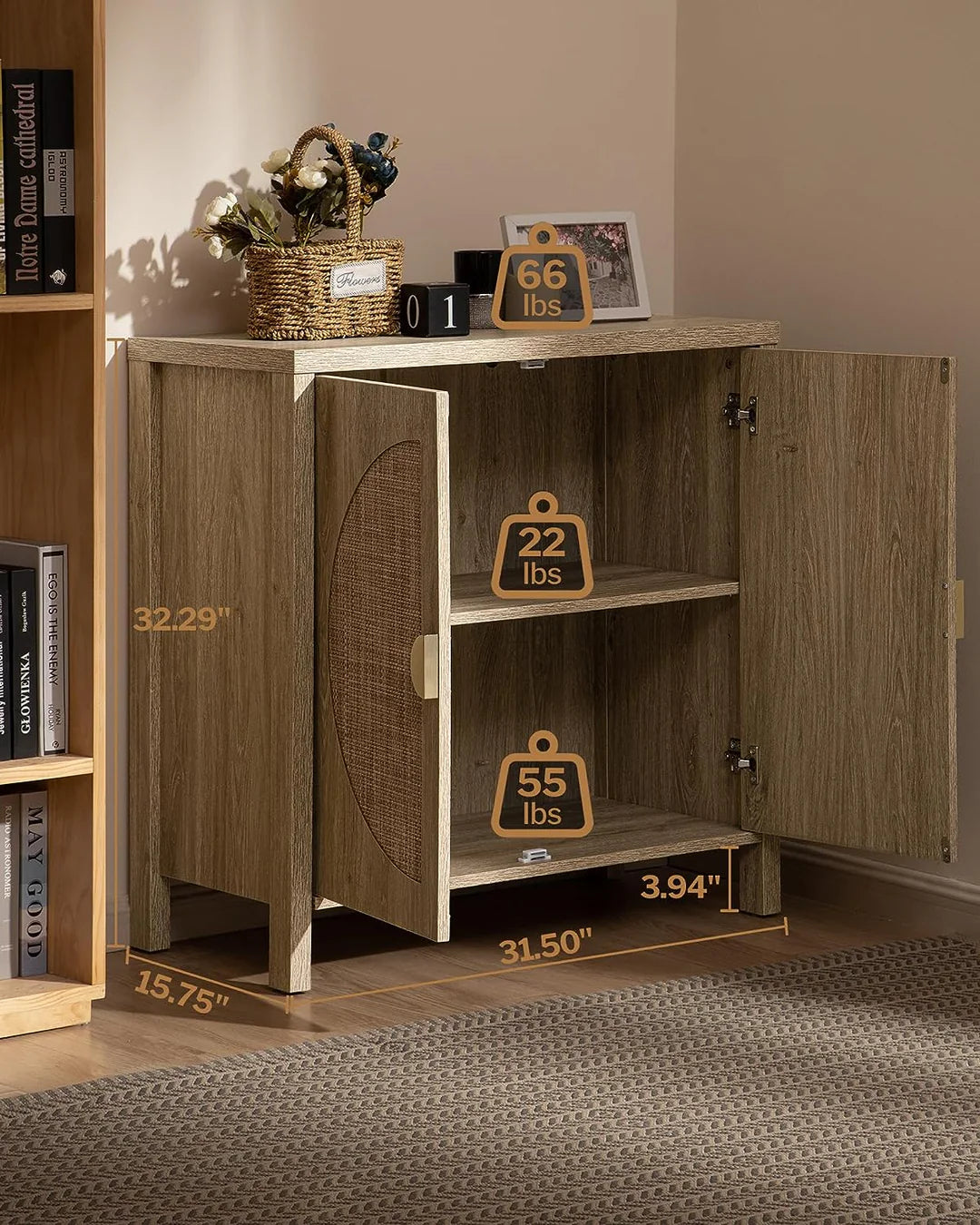 Rattan Accent Wood Storage Cabinet