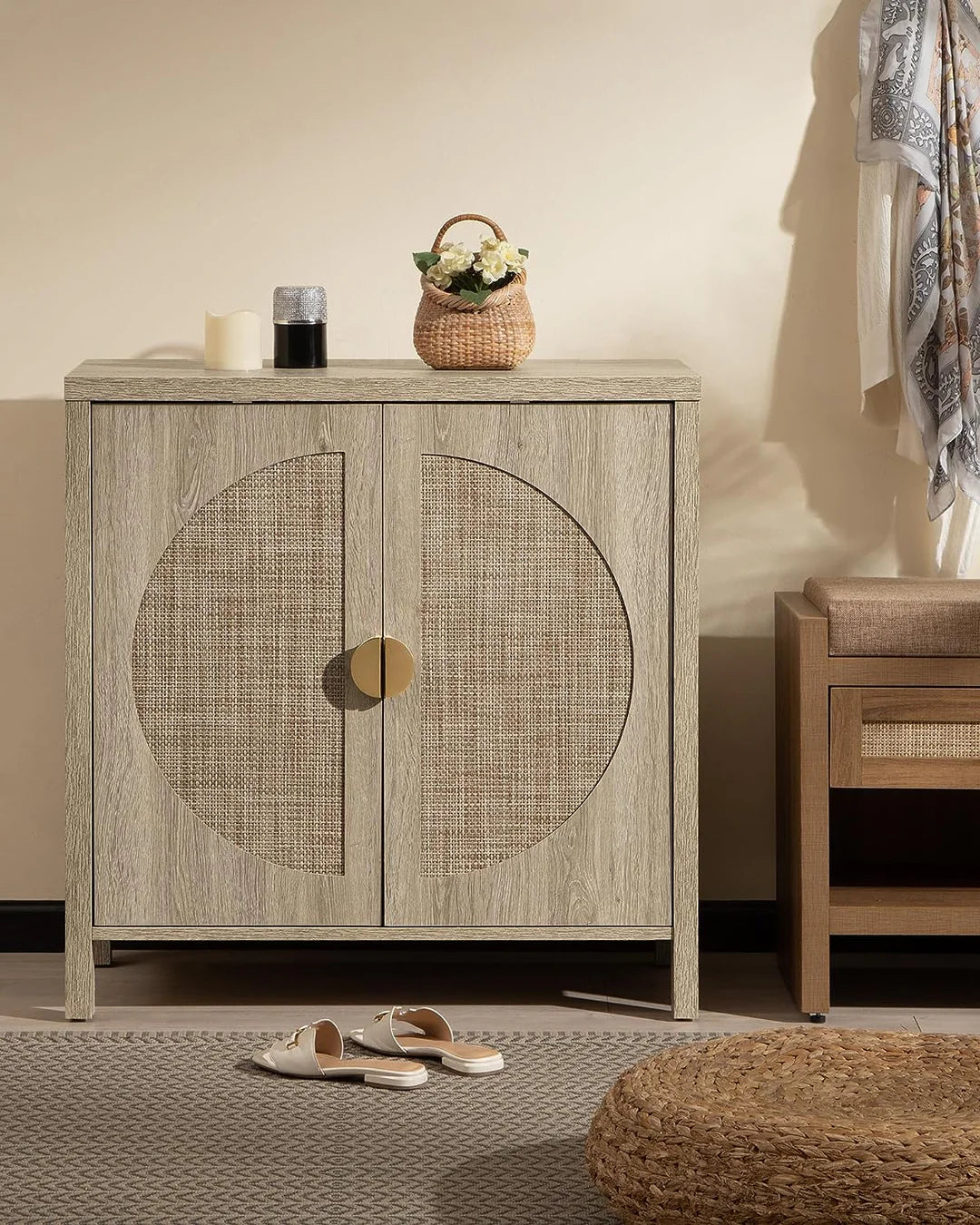 Rattan Accent Wood Storage Cabinet