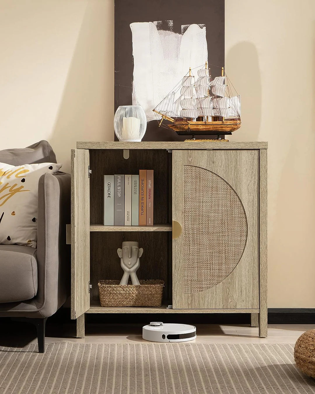Rattan Accent Wood Storage Cabinet