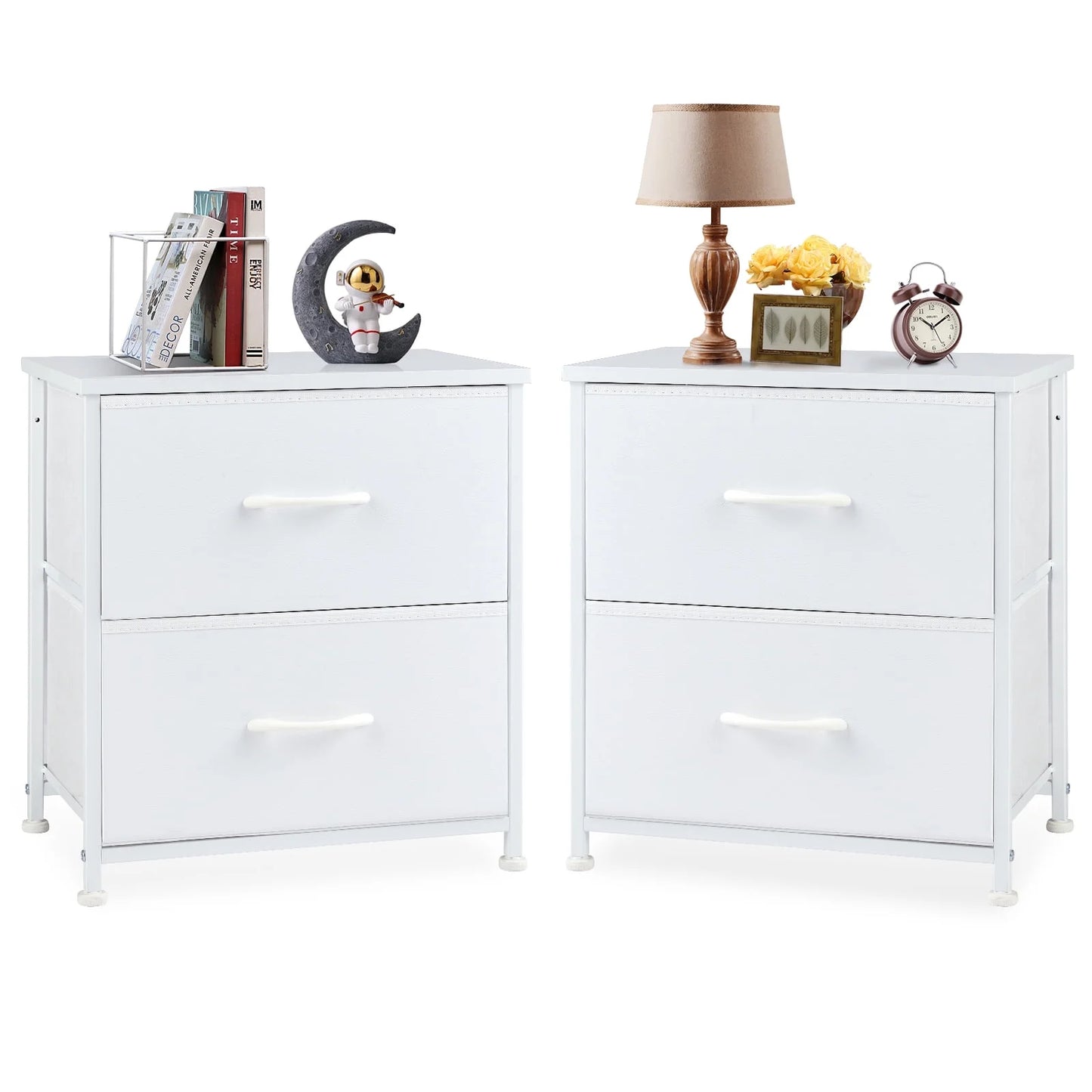 Set of 2 Modern Steel Frame Fabric Drawer Nightstands