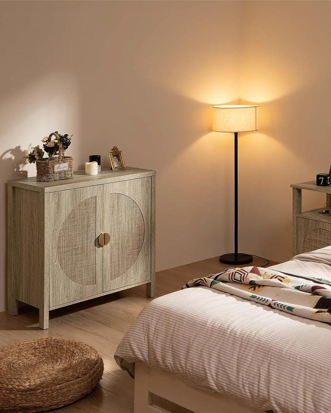 Rattan Accent Wood Storage Cabinet