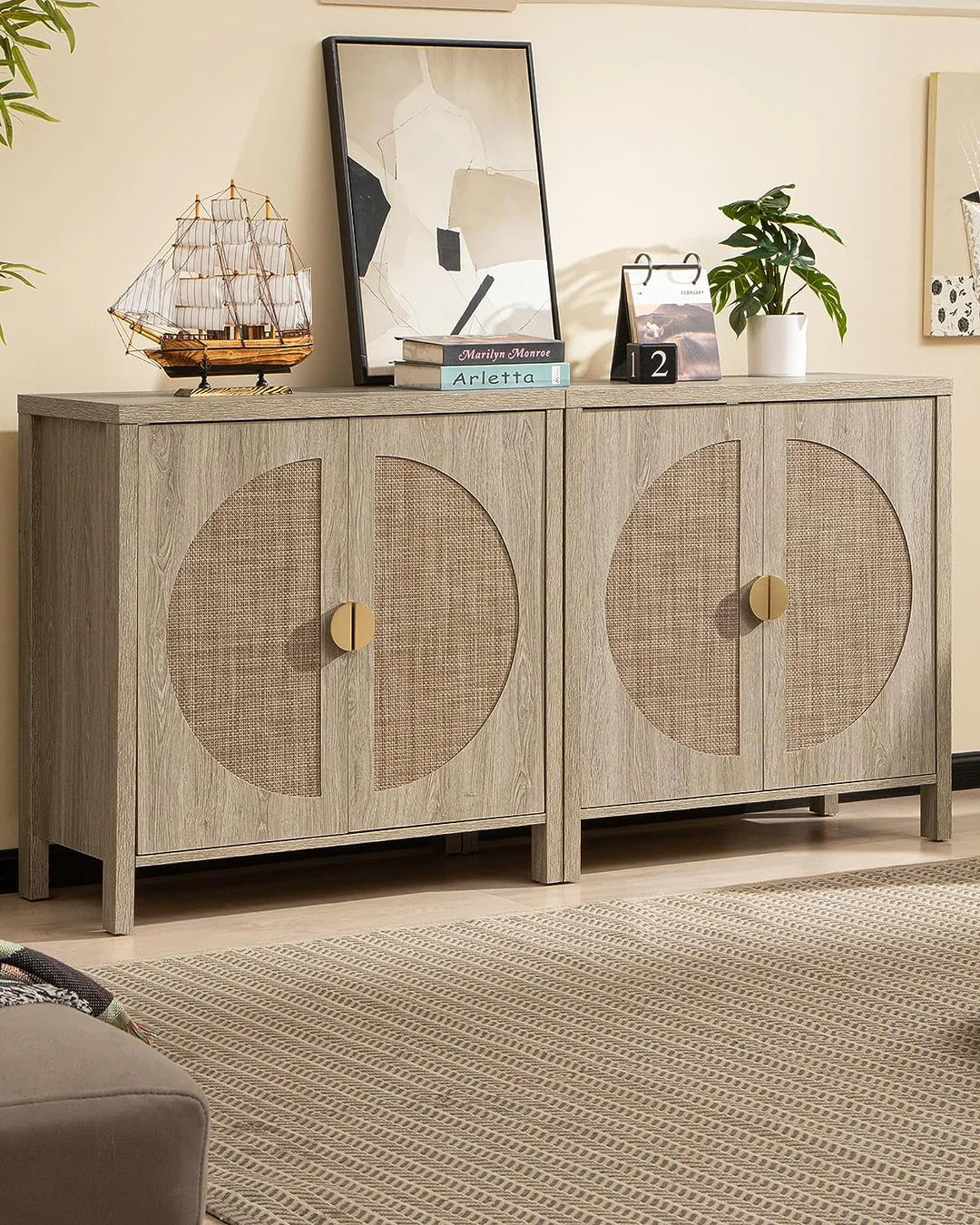 Rattan Accent Wood Storage Cabinet