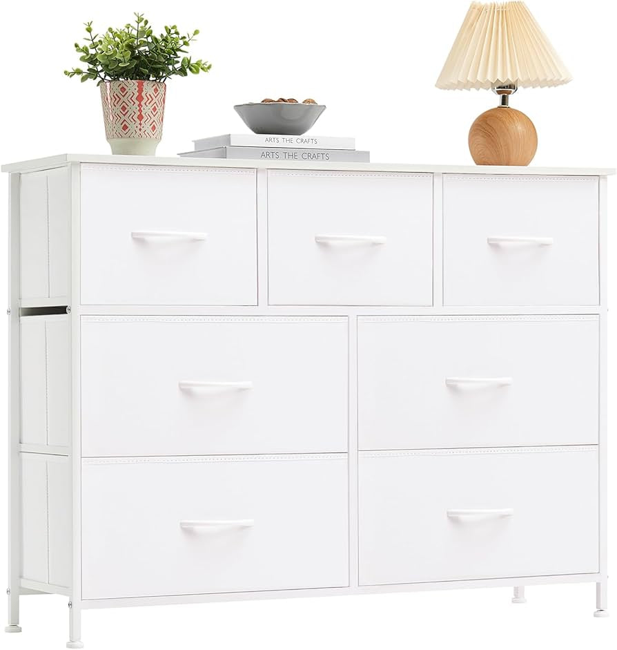 7 Drawer Steel Frame Wood Top Dresser- Sturdy Fabric Drawer Design