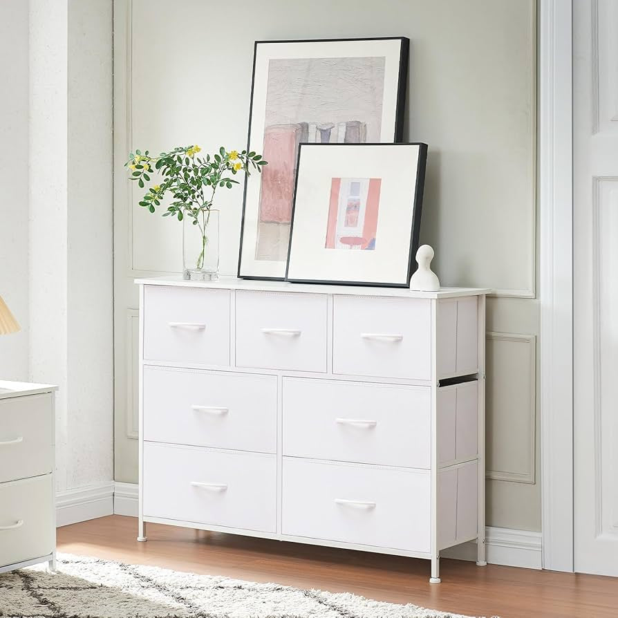 7 Drawer Steel Frame Wood Top Dresser- Sturdy Fabric Drawer Design