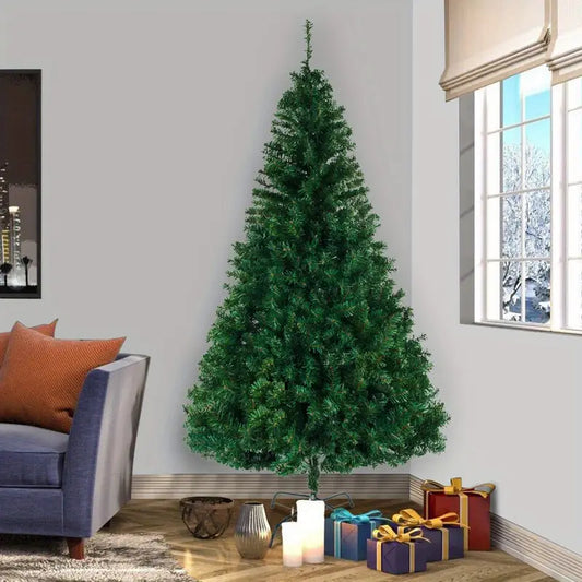 8ft Green Flat Top Christmas Tree, 1454 Branches with Metal Stand, Indoor and Outdoor Christmas Decorations