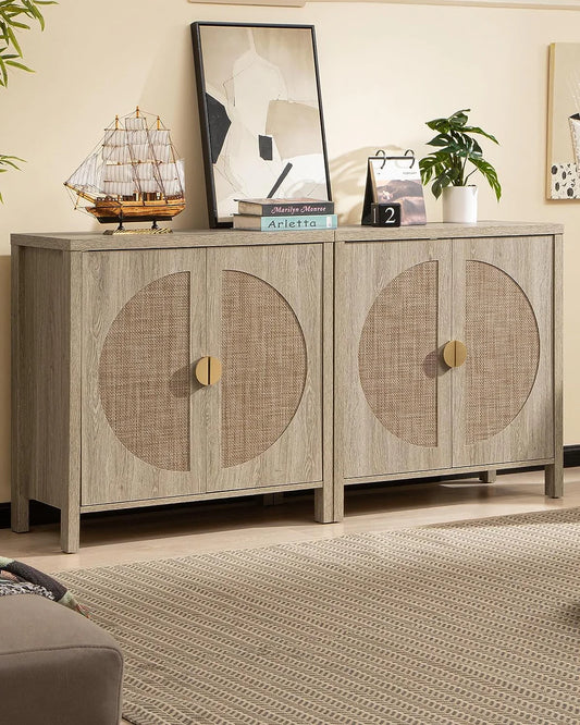 Rattan Accent Wood Storage Cabinet