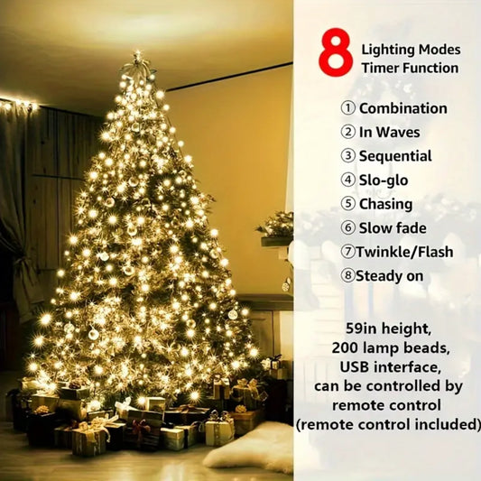 Christmas Tree String Lights 200/280/300 LED, Indoor or Outdoor, USB Powered with 8 Light Modes, Remote Control, Infrared Sensor, Non-Rechargeable Button Battery