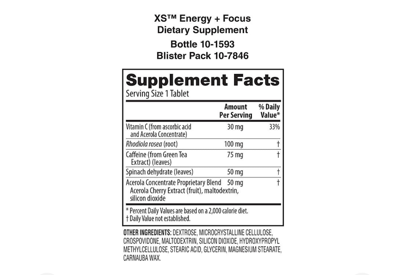 XS™ Energy + Focus Dietary Supplement - 30 Tablets ((Three 10-tablet blister packs)