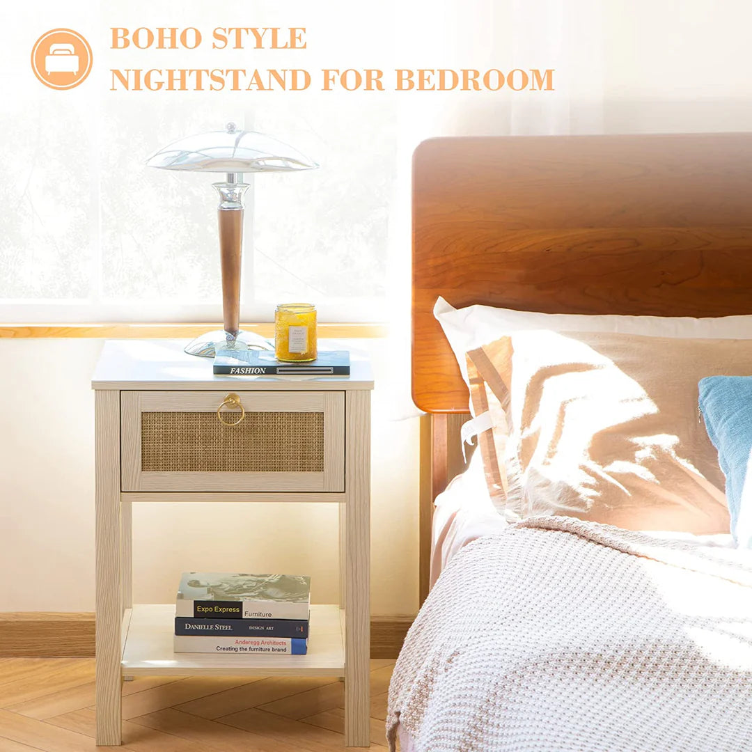 White Rattan Nightstand