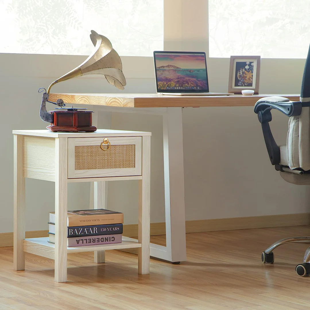 White Rattan Nightstand