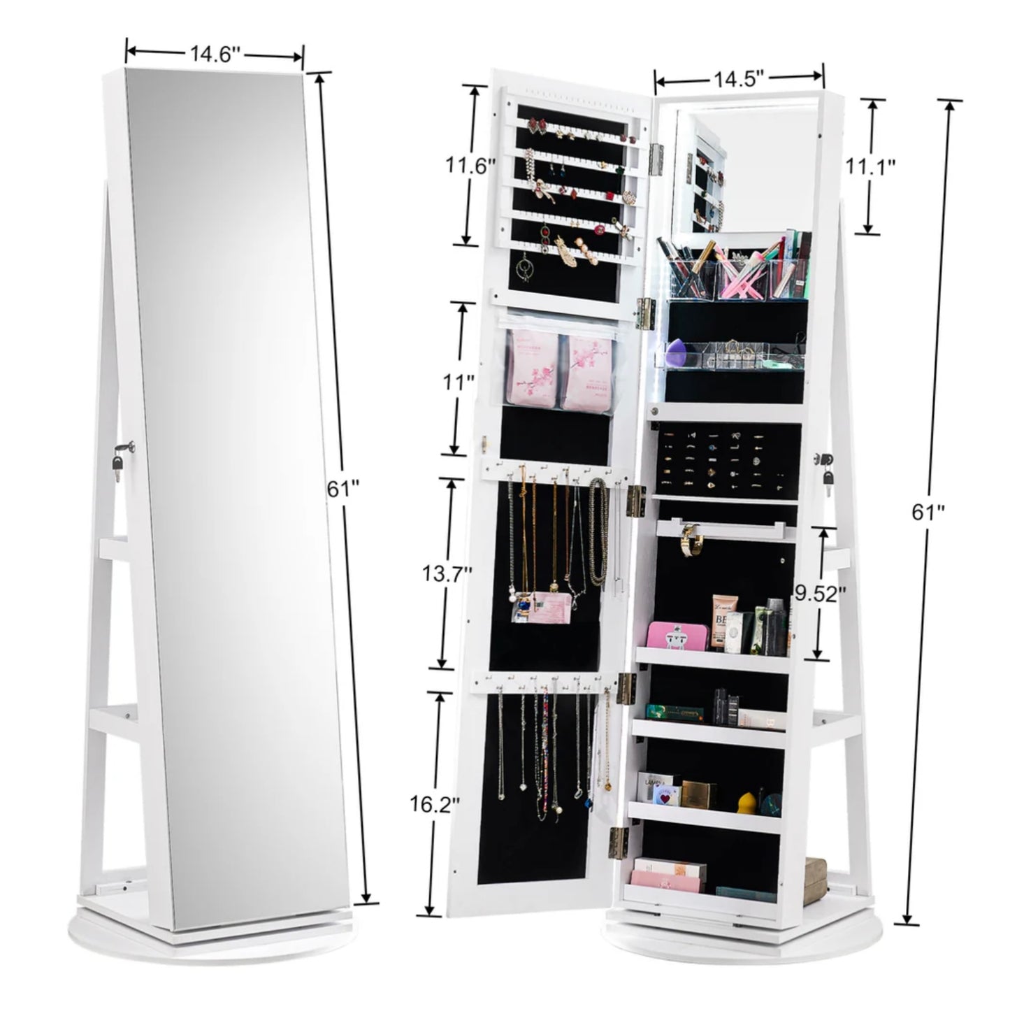 White Full Length Mirror with Lockable Storage + LED Makeup Mirror